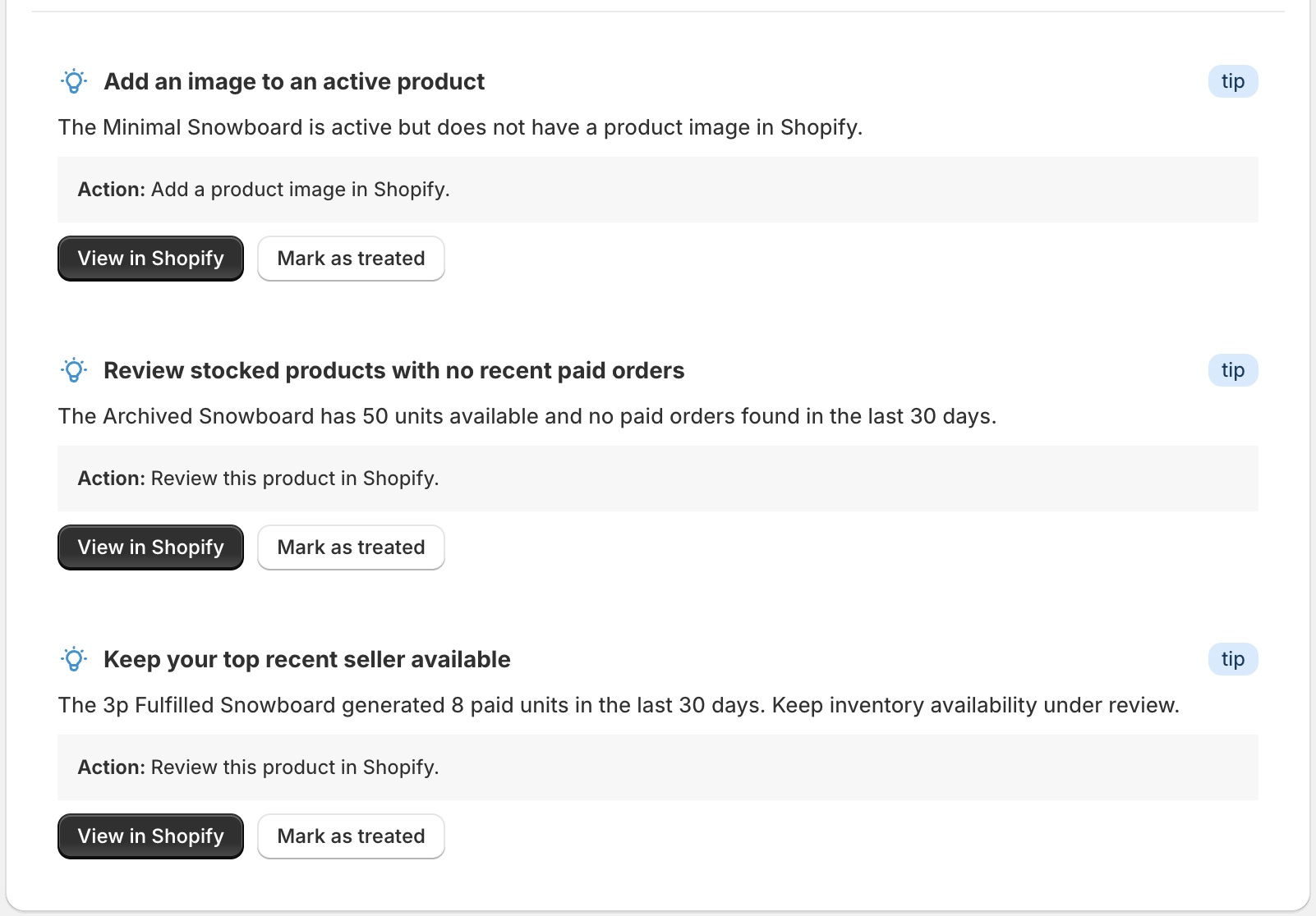 Faro useful tips showing product quality and catalog recommendations derived from real store signals.