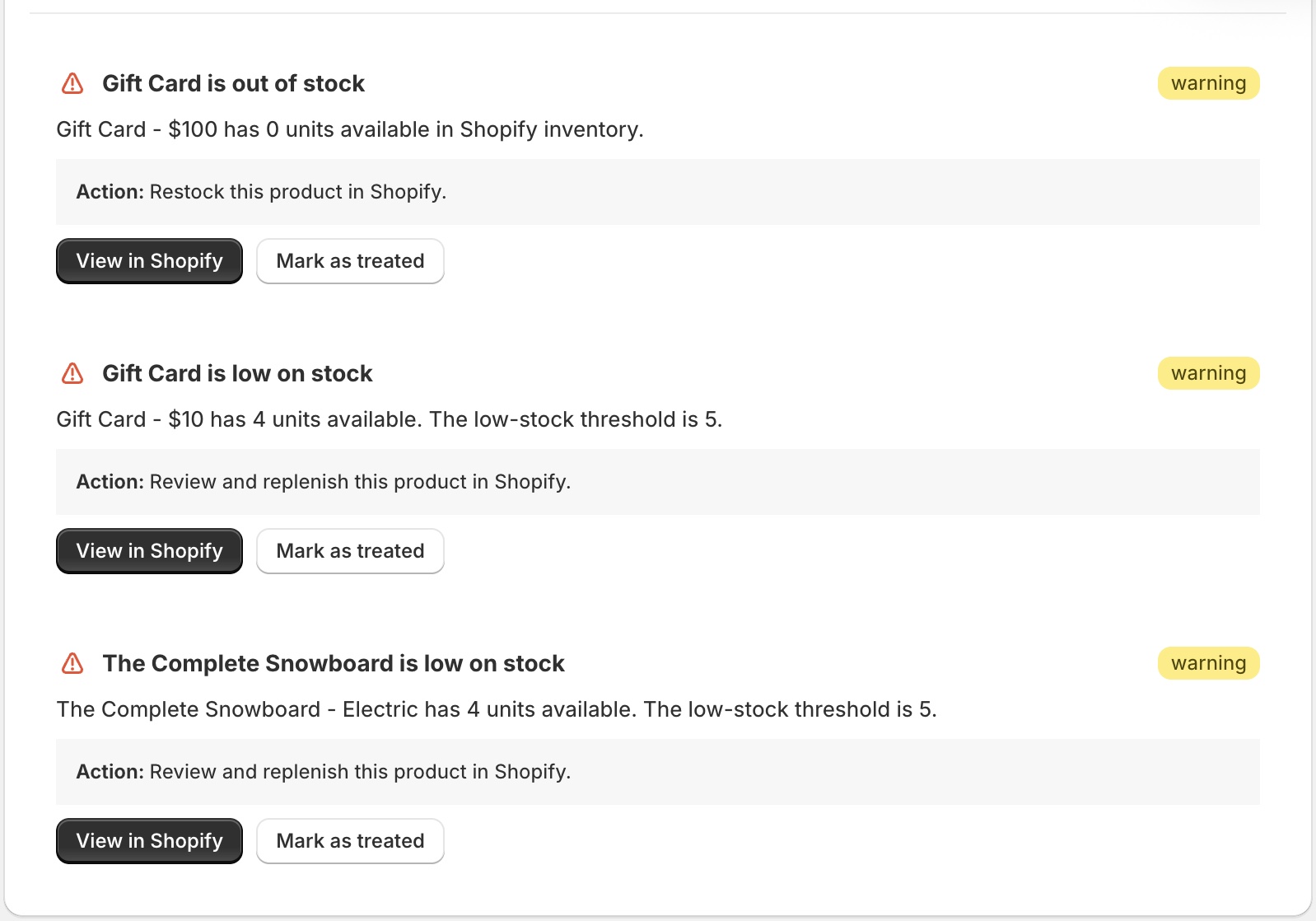 Faro warnings showing out-of-stock and low-stock recommended actions.